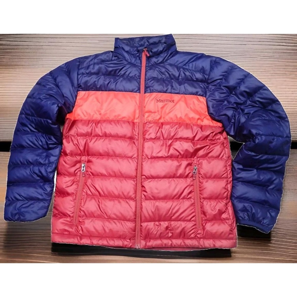 Marmot Puffer Jacket Mens XL Blue Orange Red Excellent Down Colorblock Zip